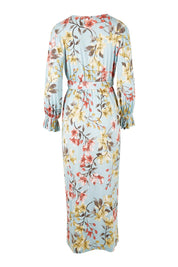 Product shot of the Freedom Faux Wrap Maxi Dress in colour Blossom (Blue), from the back