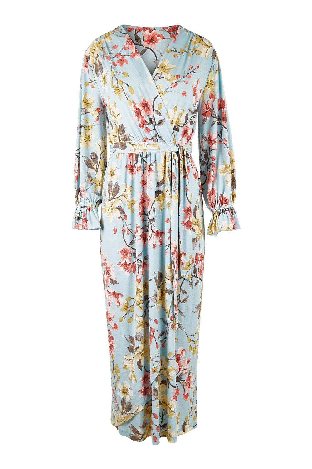 Product shot of the Freedom Faux Wrap Maxi Dress in colour Blossom (Blue), from the front