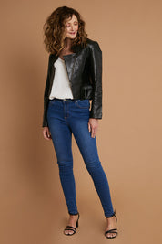 Model Emma wearing size 10 of the Pirate and Mermaid Leather Jacket in colour Black (Black), from the front, showing the whole outfit