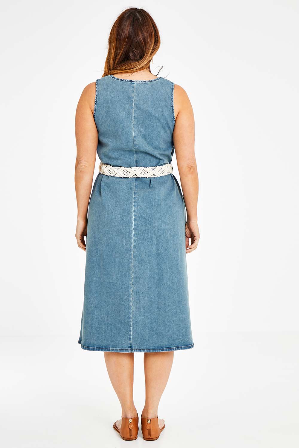 Model Laura wearing size 14 of the Wrap Your Arms Around Me Denim Dress in colour Denim (Blue), from the back