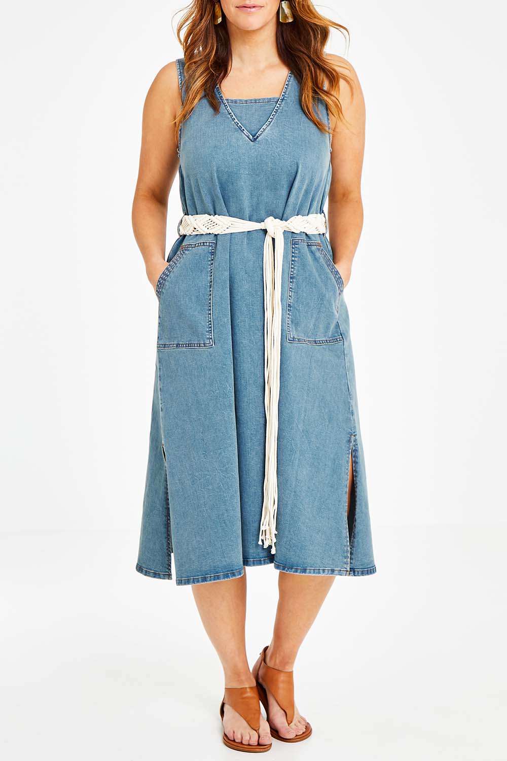 Model Laura wearing size 14 of the Wrap Your Arms Around Me Denim Dress in colour Denim (Blue), from the front, cropped image