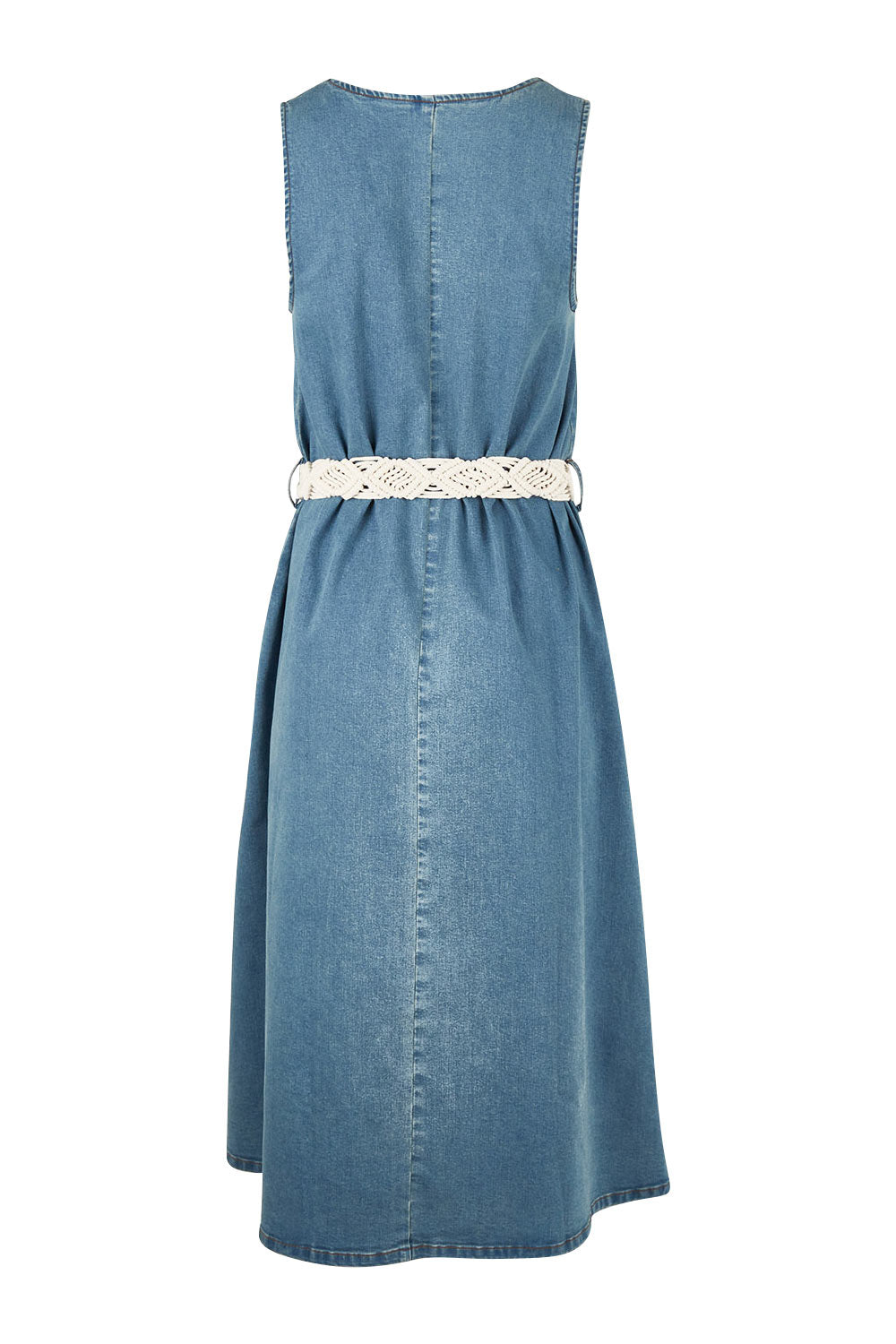 Product shot of the Wrap Your Arms Around Me Denim Dress in colour Denim (Blue), from the back