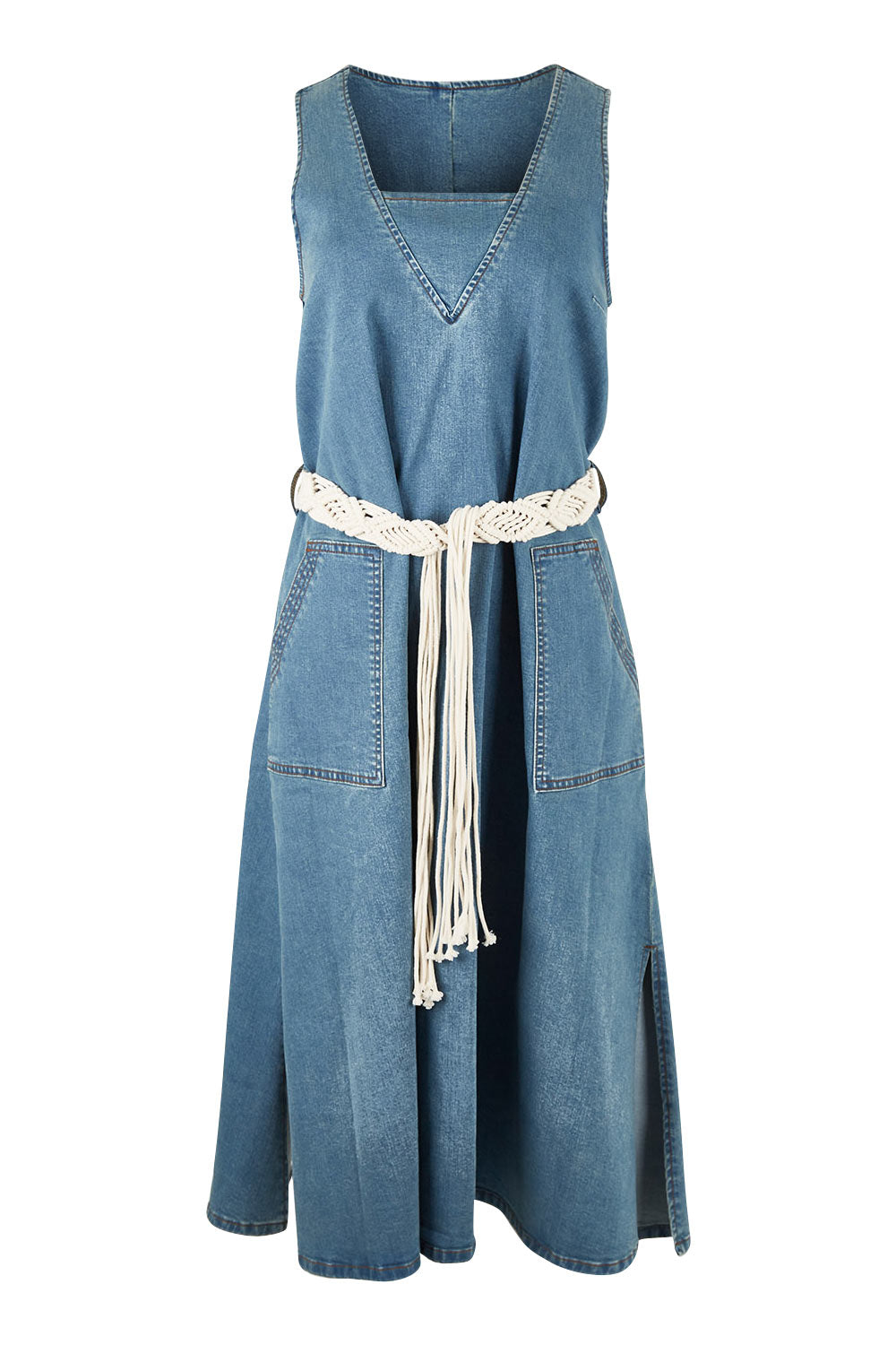 Product shot of the Wrap Your Arms Around Me Denim Dress in colour Denim (Blue), from the front