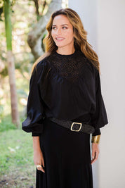 Model Ilona wearing size 10 of the Lady Whistledown Blouse in colour Black (Black), from the front, showing the whole outfit
