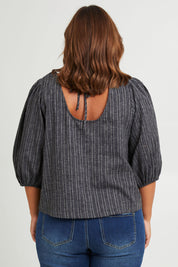 Model Monique wearing size 14 of the Ive Got Your Back Blouse in colour Blackwhite (Black), from the back
