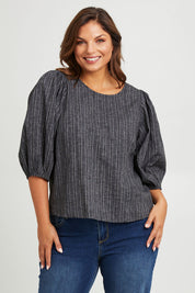 Model Monique wearing size 14 of the Ive Got Your Back Blouse in colour Blackwhite (Black), from the front, cropped image