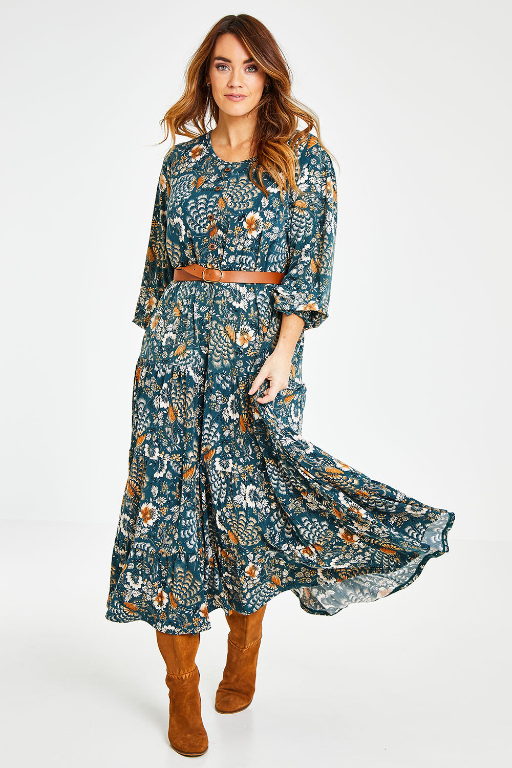 Model Laura wearing size 14 of the You Make Me Happy Maxi Dress in colour Darkteal (Green), from the front, showing the whole outfit