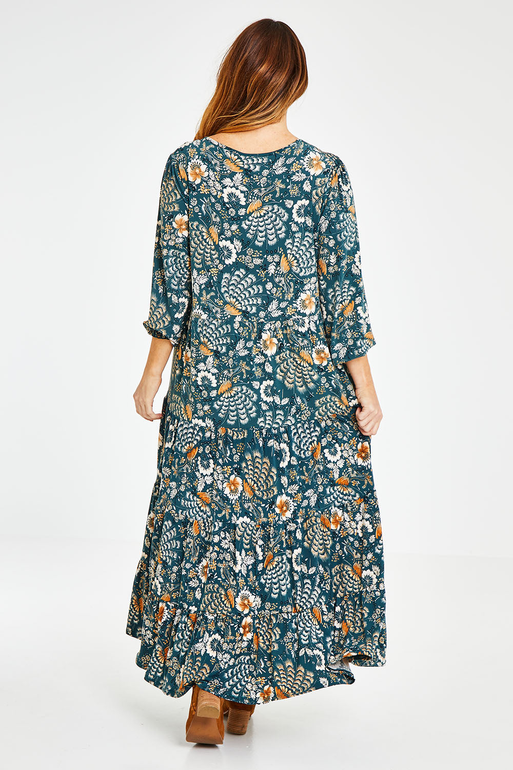 Model Laura wearing size 14 of the You Make Me Happy Maxi Dress in colour Darkteal (Green), from the front, showing the whole outfit