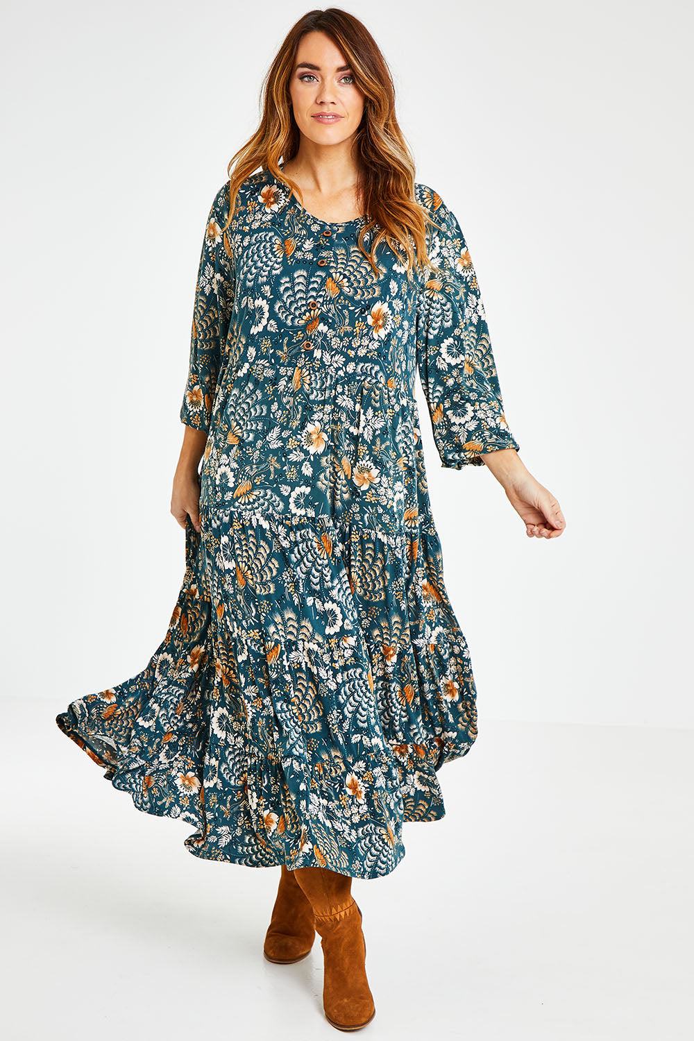 Model Laura wearing size 14 of the You Make Me Happy Maxi Dress in colour Darkteal (Green), from the front, showing the whole outfit