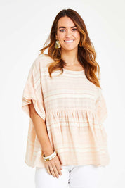 Model Laura wearing size 14 of the Perfect As You Are Stripe Top in colour Peach (Pink), from the front, cropped image