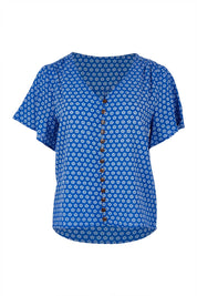 Product shot of the Cute As A Button Printed Blouse in colour Bluefleur (Blue), from the front