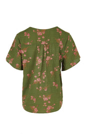 Product shot of the Cute As A Button Printed Blouse - Greenpink in colour Greenpink, from the back