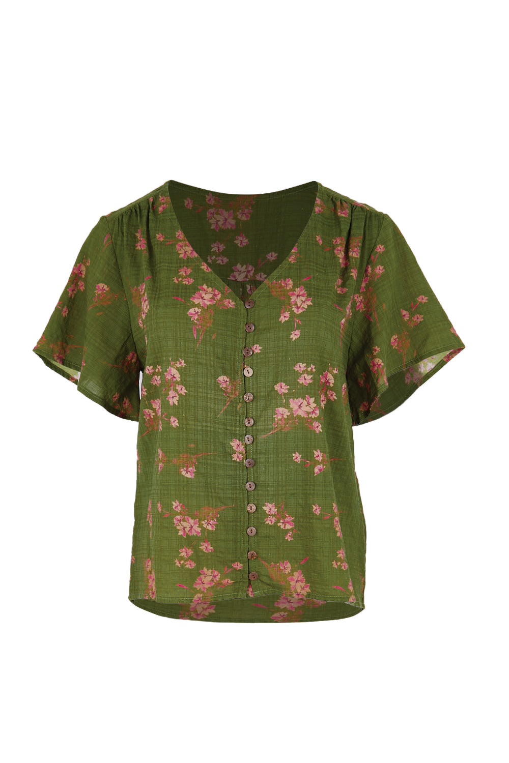 Product shot of the Cute As A Button Printed Blouse - Greenpink in colour Greenpink, from the front