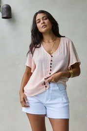Preloved Cute As A Button Cotton Blouse - Blush