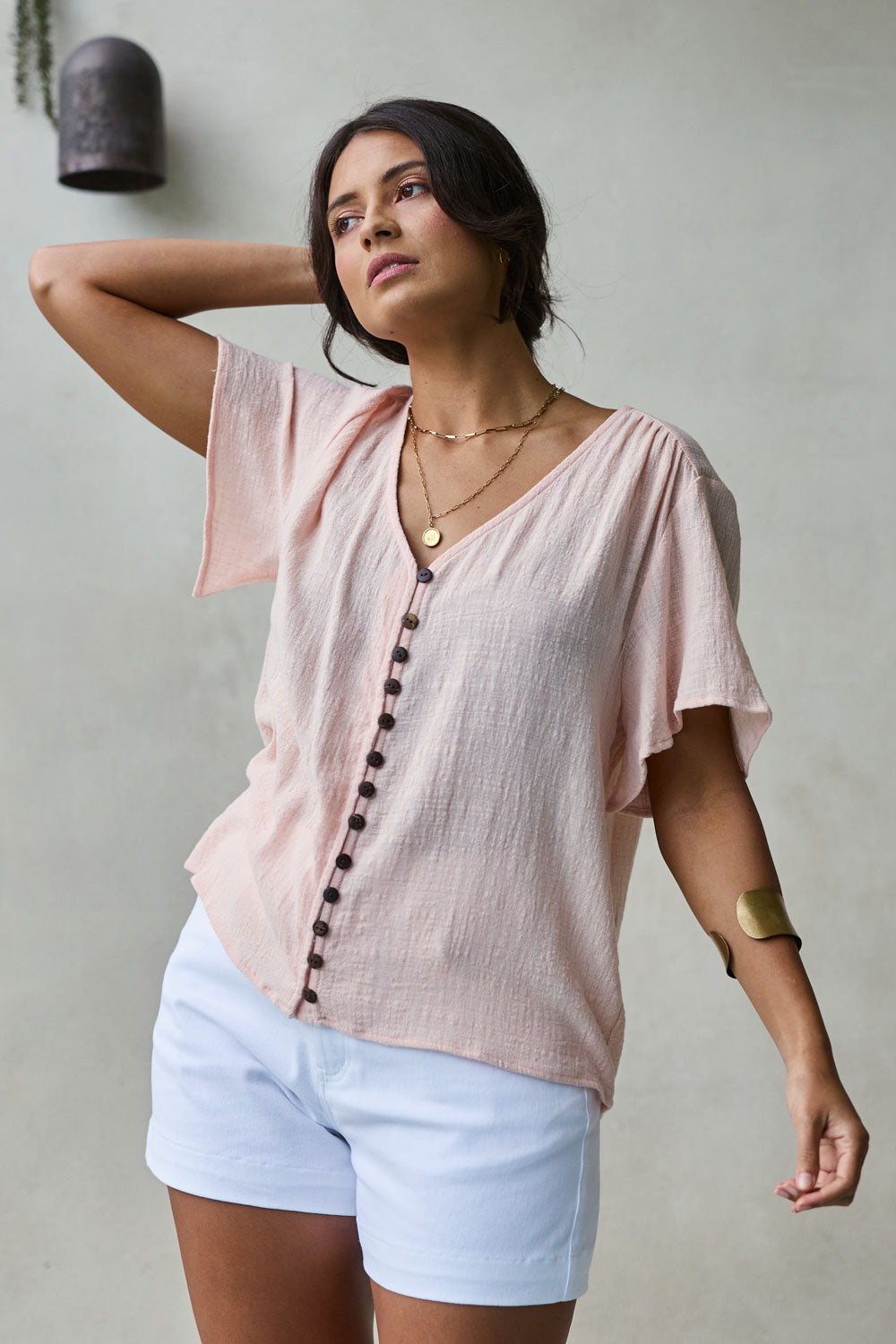 Preloved Cute As A Button Cotton Blouse - Blush