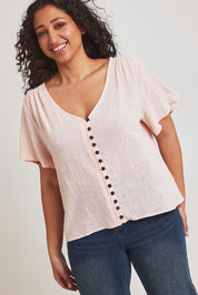 Preloved Cute As A Button Cotton Blouse - Blush