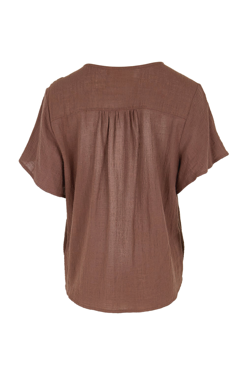 Product shot of the Cute As A Button Blouse – Chocolate in colour Chocolate, from the back