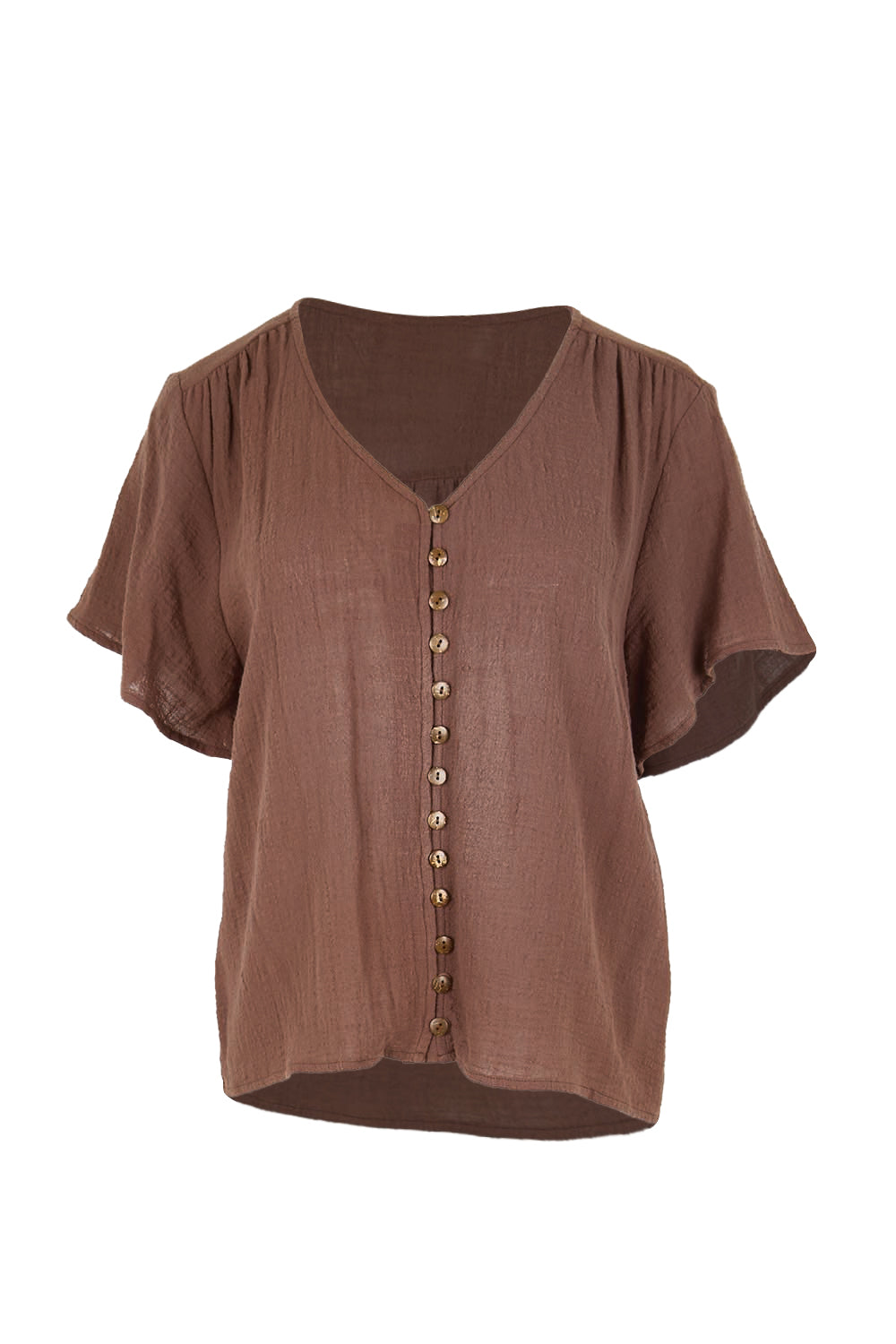 Product shot of the Cute As A Button Blouse – Chocolate in colour Chocolate, from the front