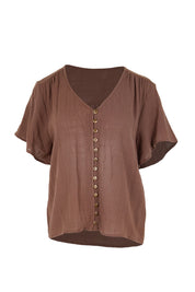 Product shot of the Cute As A Button Blouse – Chocolate in colour Chocolate, from the front
