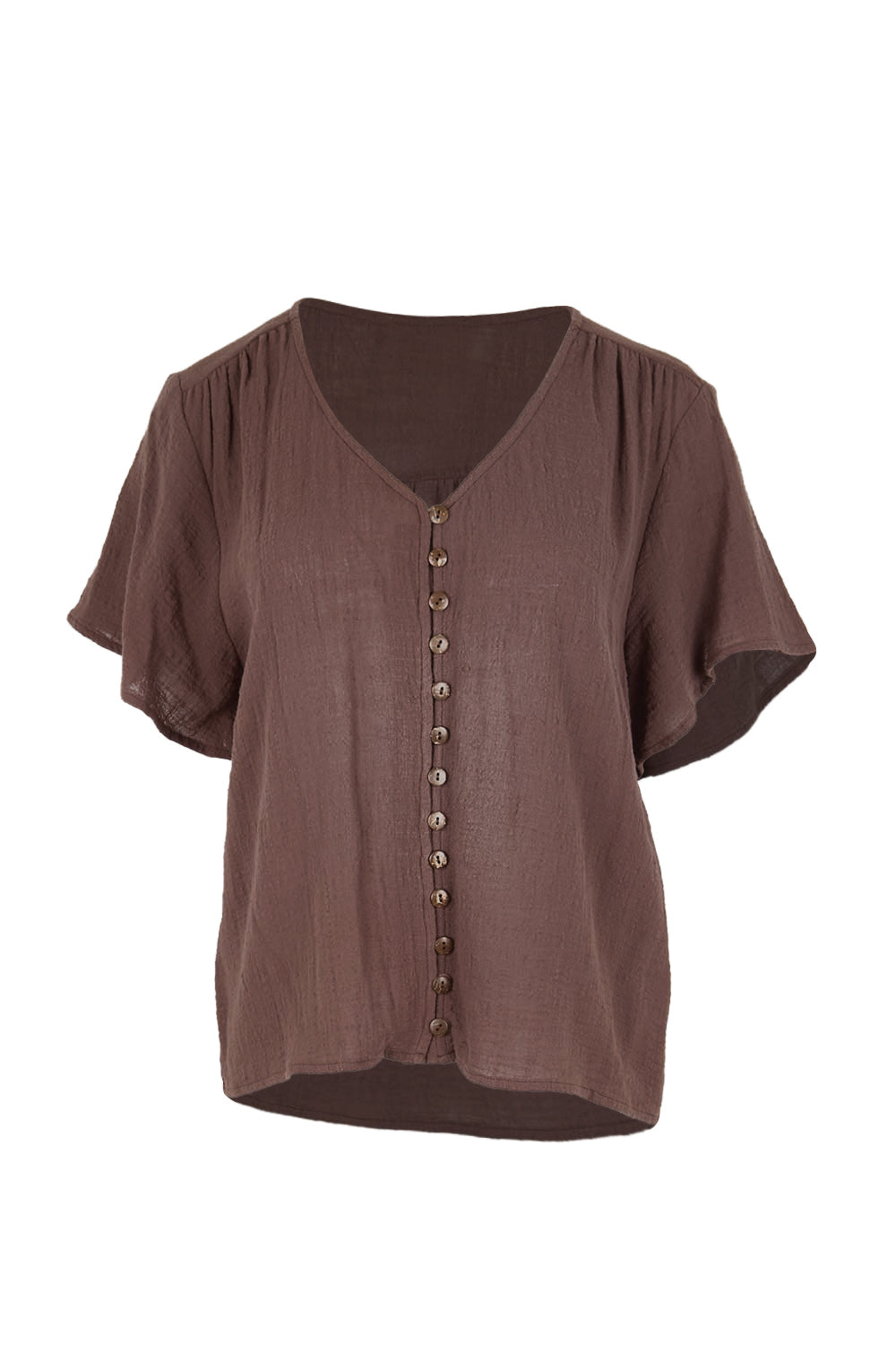 Product shot of the Cute As A Button Blouse – Chocolate in colour Chocolate, from the front