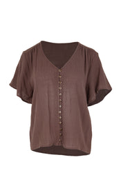 Product shot of the Cute As A Button Blouse – Chocolate in colour Chocolate, from the front
