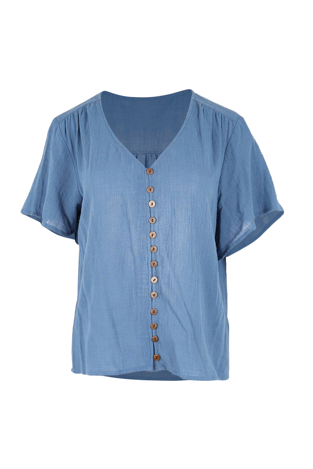 Product shot of the Cute As A Button Blouse – Denim in colour Denim, from the front