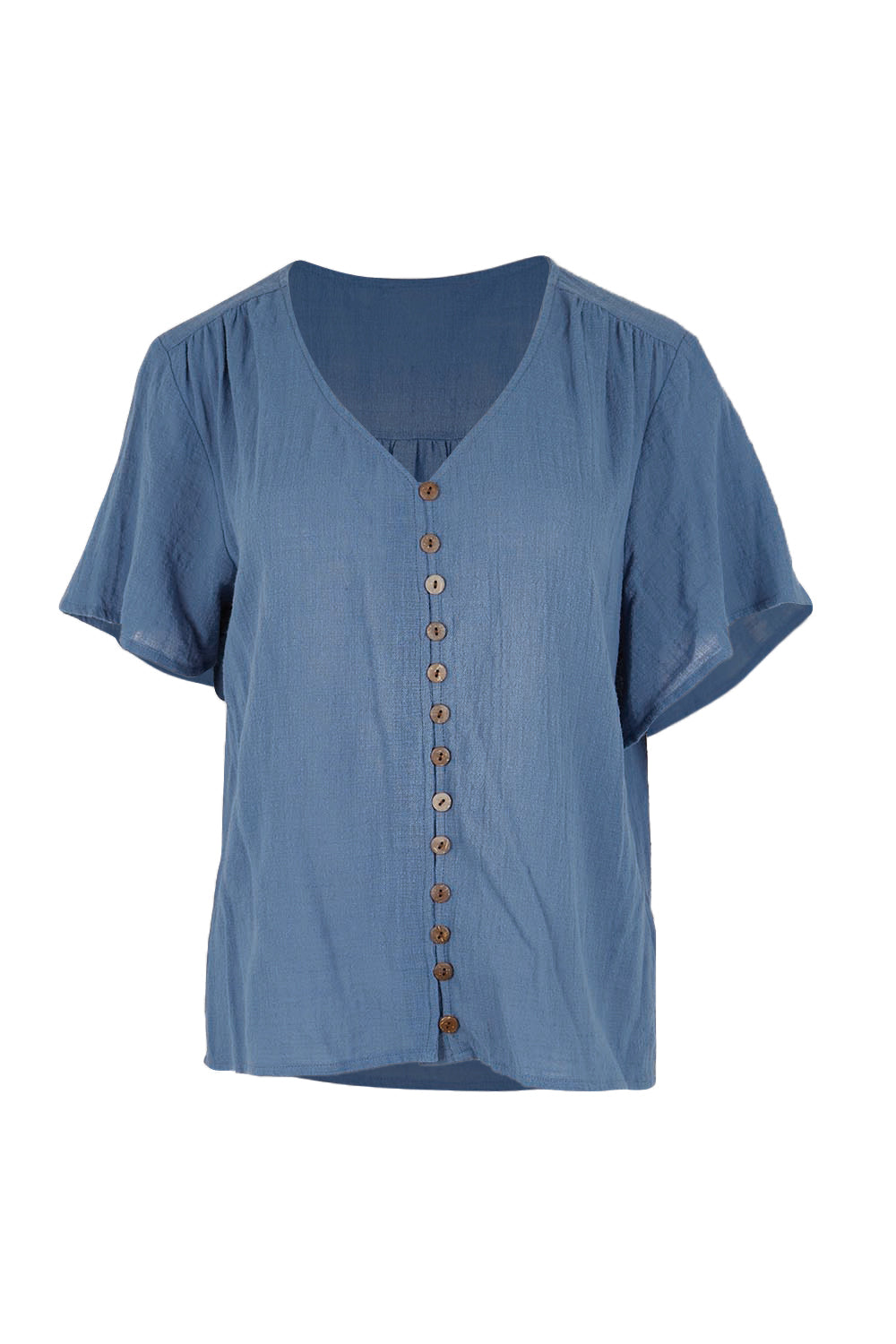 Product shot of the Cute As A Button Blouse – Denim in colour Denim, from the front