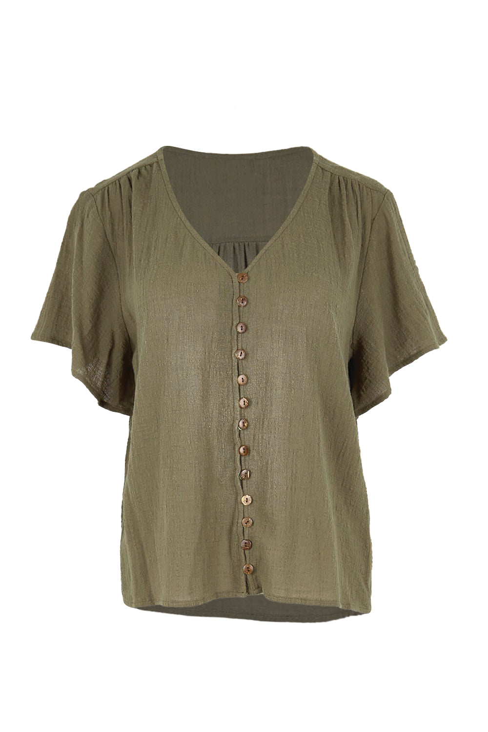 Product shot of the Cute As A Button Blouse – Forrest in colour Forrest, from the front
