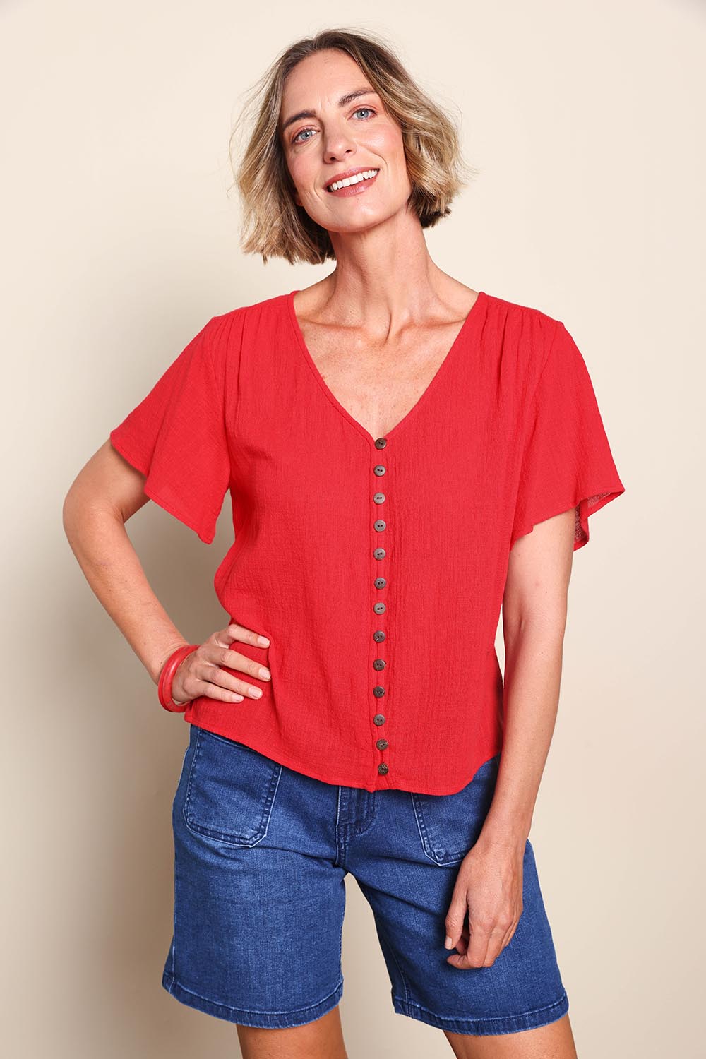 Cute As A Button Blouse - Red