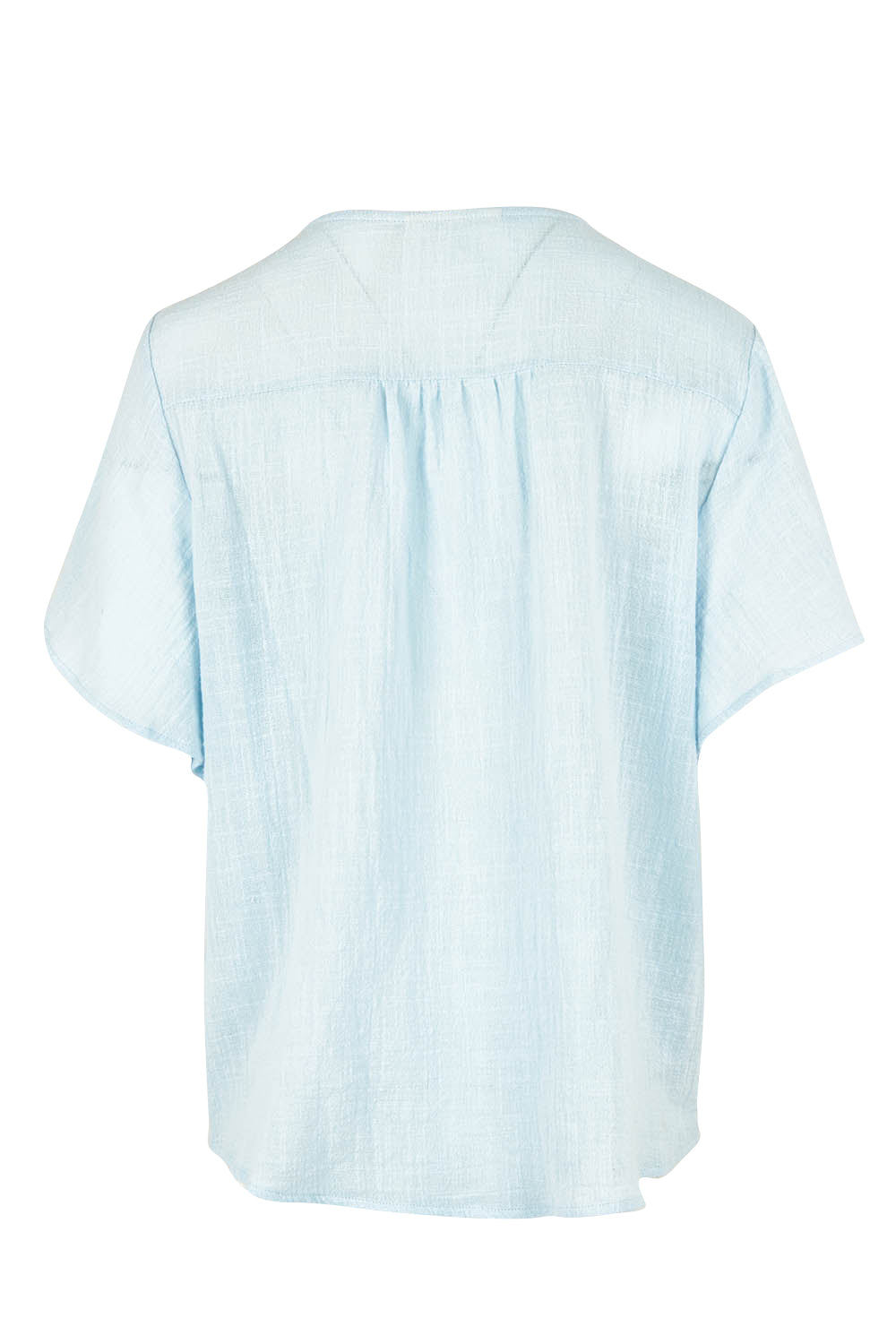 Product shot of the Cute As A Button Blouse in colour Sky (Blue), from the back