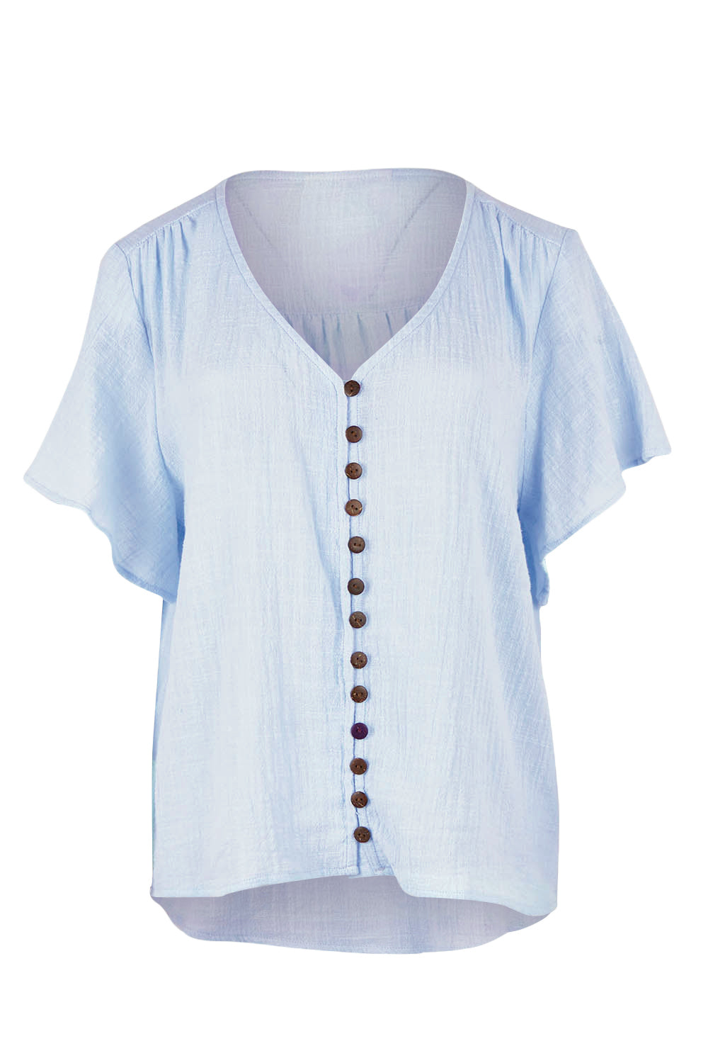 Product shot of the Cute As A Button Cotton Blouse - Sky in colour Sky, from the front