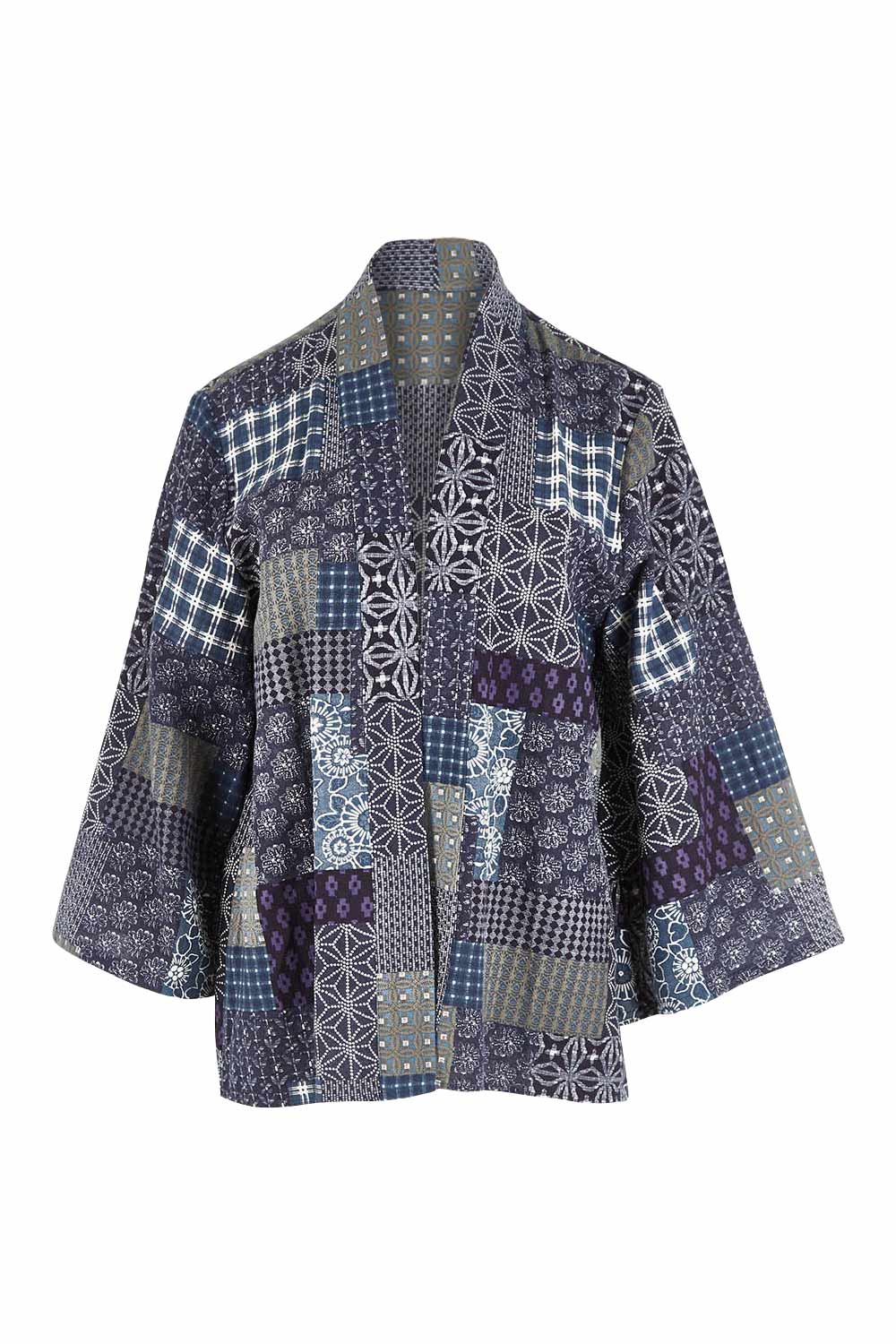 Product shot of the You Colour My World Kimono in colour Patch (Blue), from the front