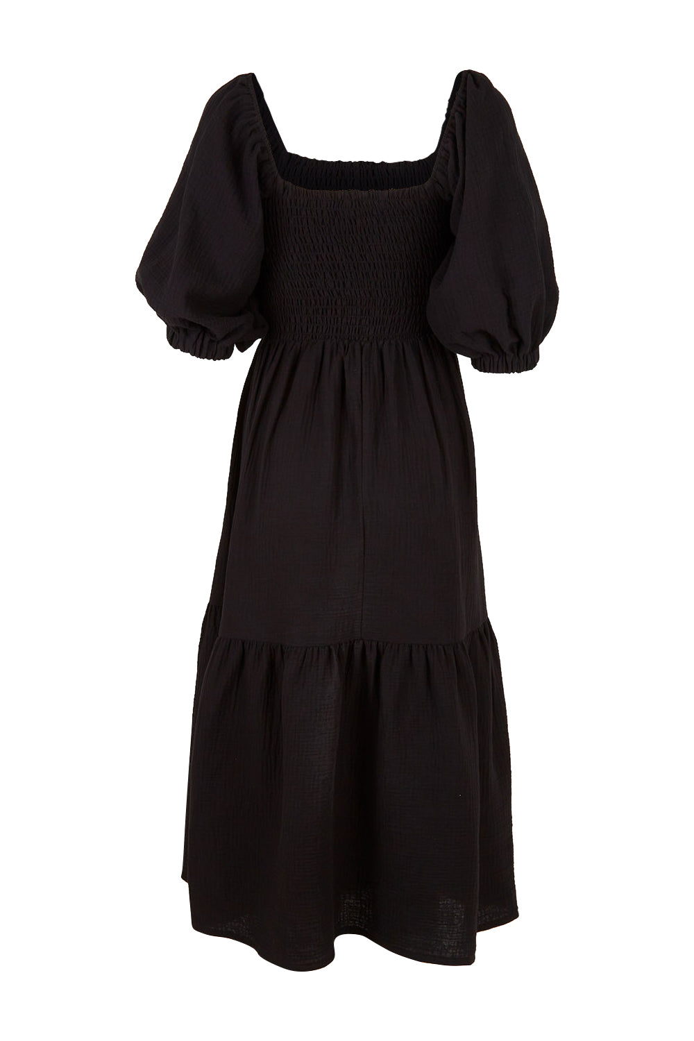 Product shot of the Wandering In Fields Organic Cotton Dress in colour Black (Black), from the back