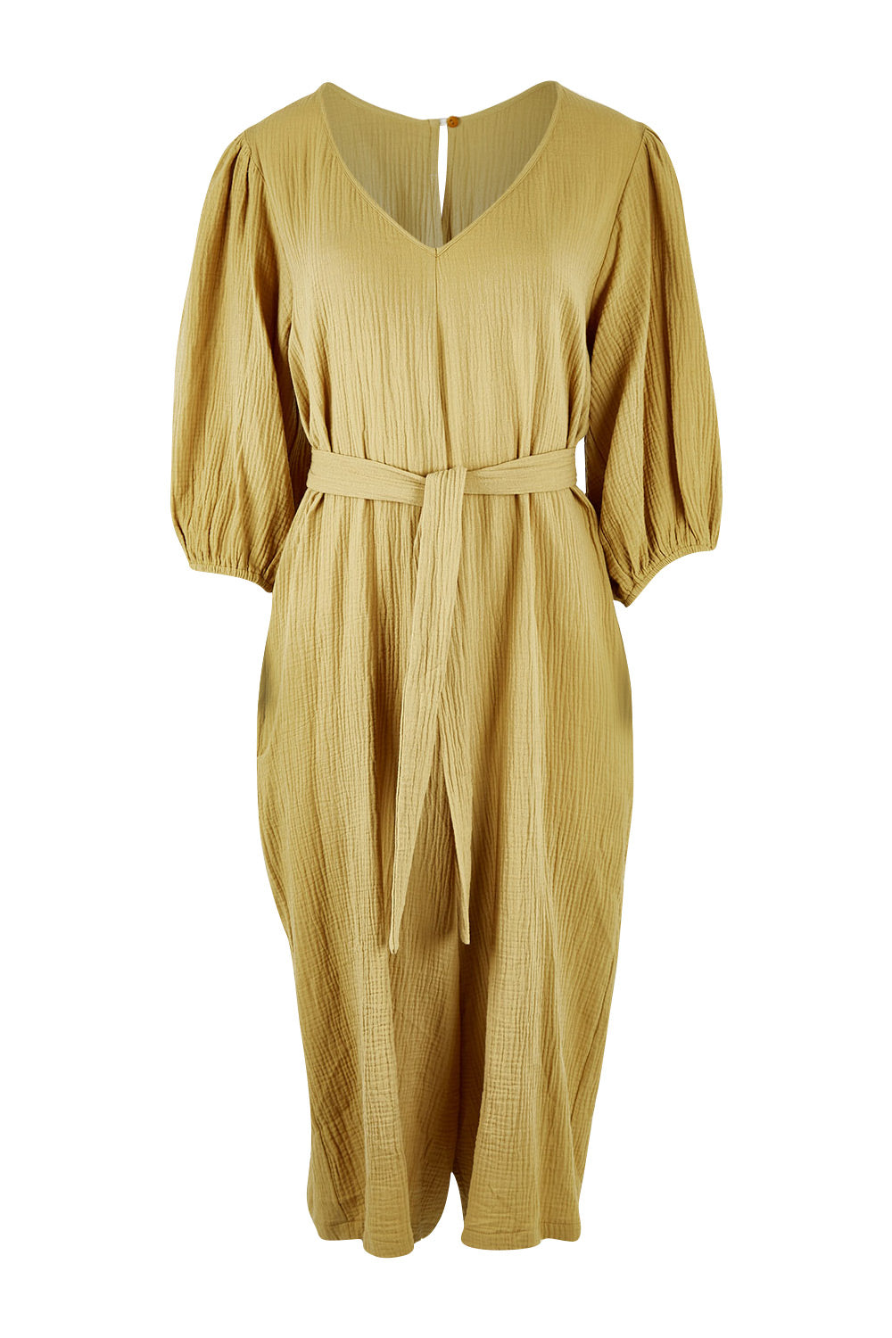 Product shot of the A Spring In My Step Jumpsuit in colour Olive (Green), from the front