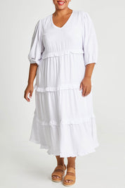 Model Alexis wearing size 16 of the Tiers Of Laughter Maxi Dress in colour White (White), from the front, cropped image