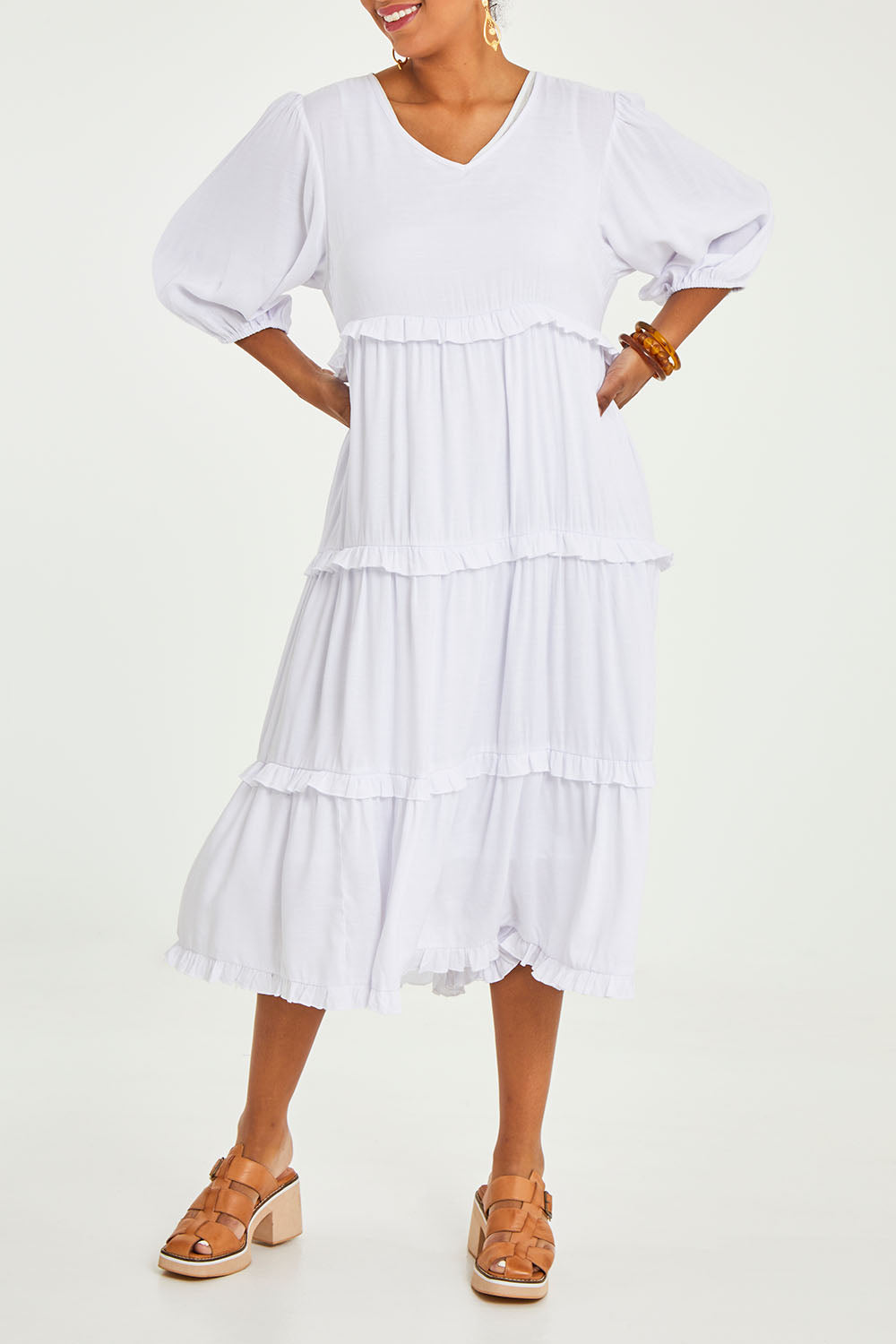 Model Noli wearing size 14 of the Tiers Of Laughter Maxi Dress in colour White (White), from the front, cropped image