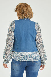 Model Fiona wearing size 16 of the Fine and Dandy Denim Vest in colour Denim (Blue), from the back