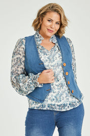 Model Fiona wearing size 16 of the Fine and Dandy Denim Vest in colour Denim (Blue), from the front, cropped image