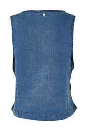 Product shot of the Fine and Dandy Denim Vest in colour Denim (Blue), from the back