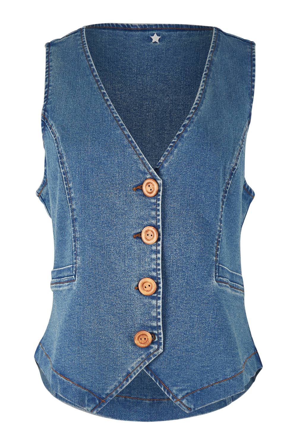 Product shot of the Fine and Dandy Denim Vest in colour Denim (Blue), from the front