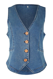 Product shot of the Fine and Dandy Denim Vest in colour Denim (Blue), from the front