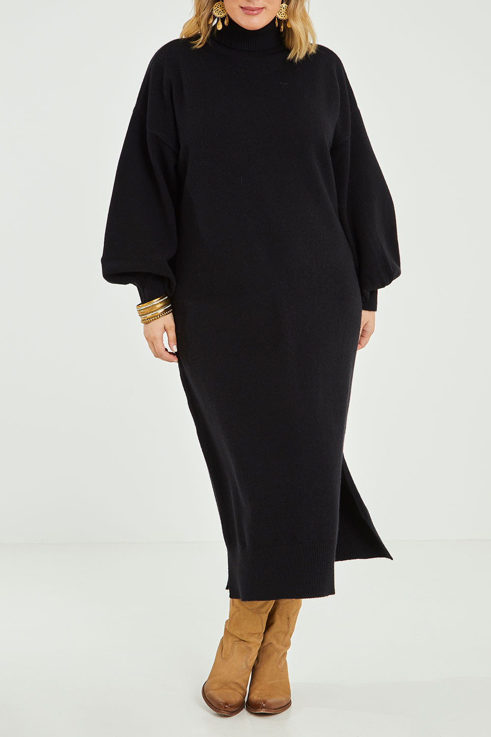 Model Jess wearing size L of the Cool Order Balloon Sleeve Dress in colour Black (Black), from the front, cropped image