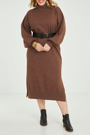 Model Jess wearing size L of the Cool Order Balloon Sleeve Dress in colour Rust, from the front, cropped image