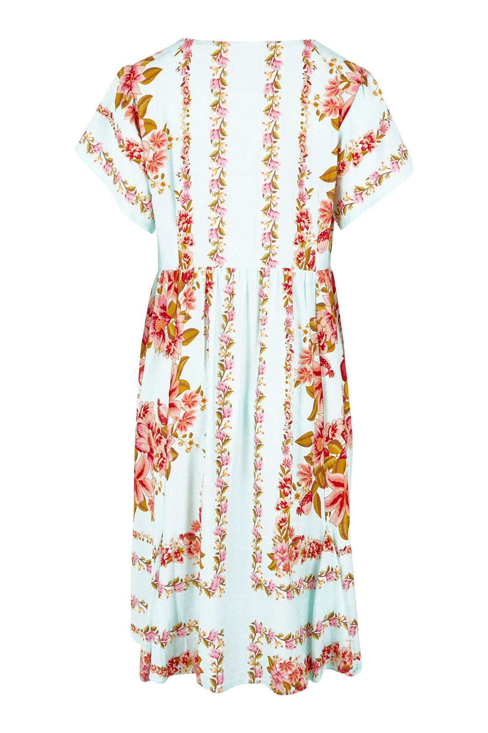 Product shot of the Love Shack Midi Dress in colour Skyfleur (Blue), from the back