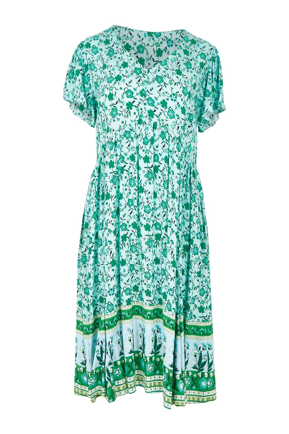 Product shot of the Love Shack Dress in colour Greenfleur (Green), from the front