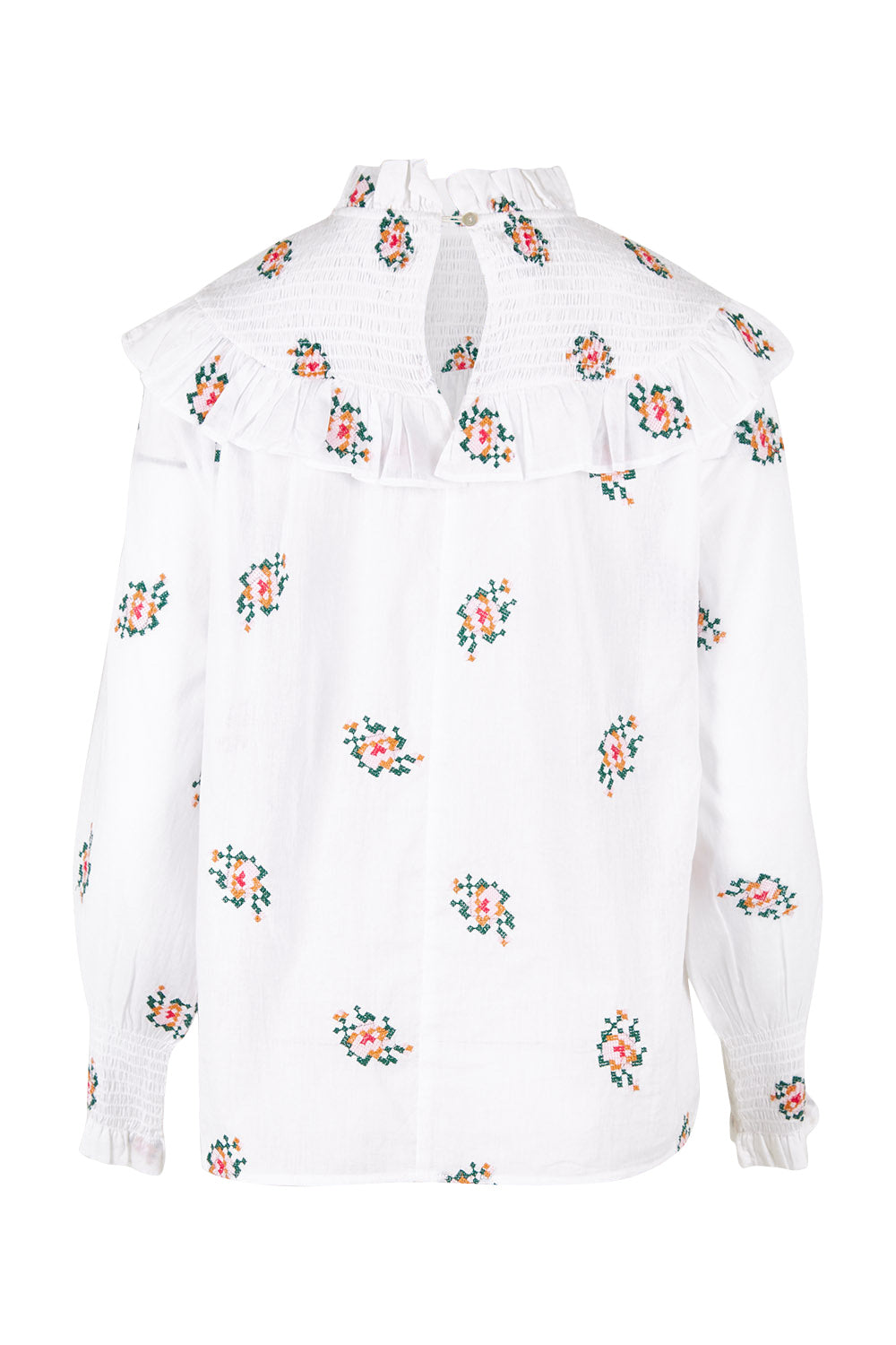 Product shot of the Ruffle My Feathers Blouse in colour Chalk (White), from the back