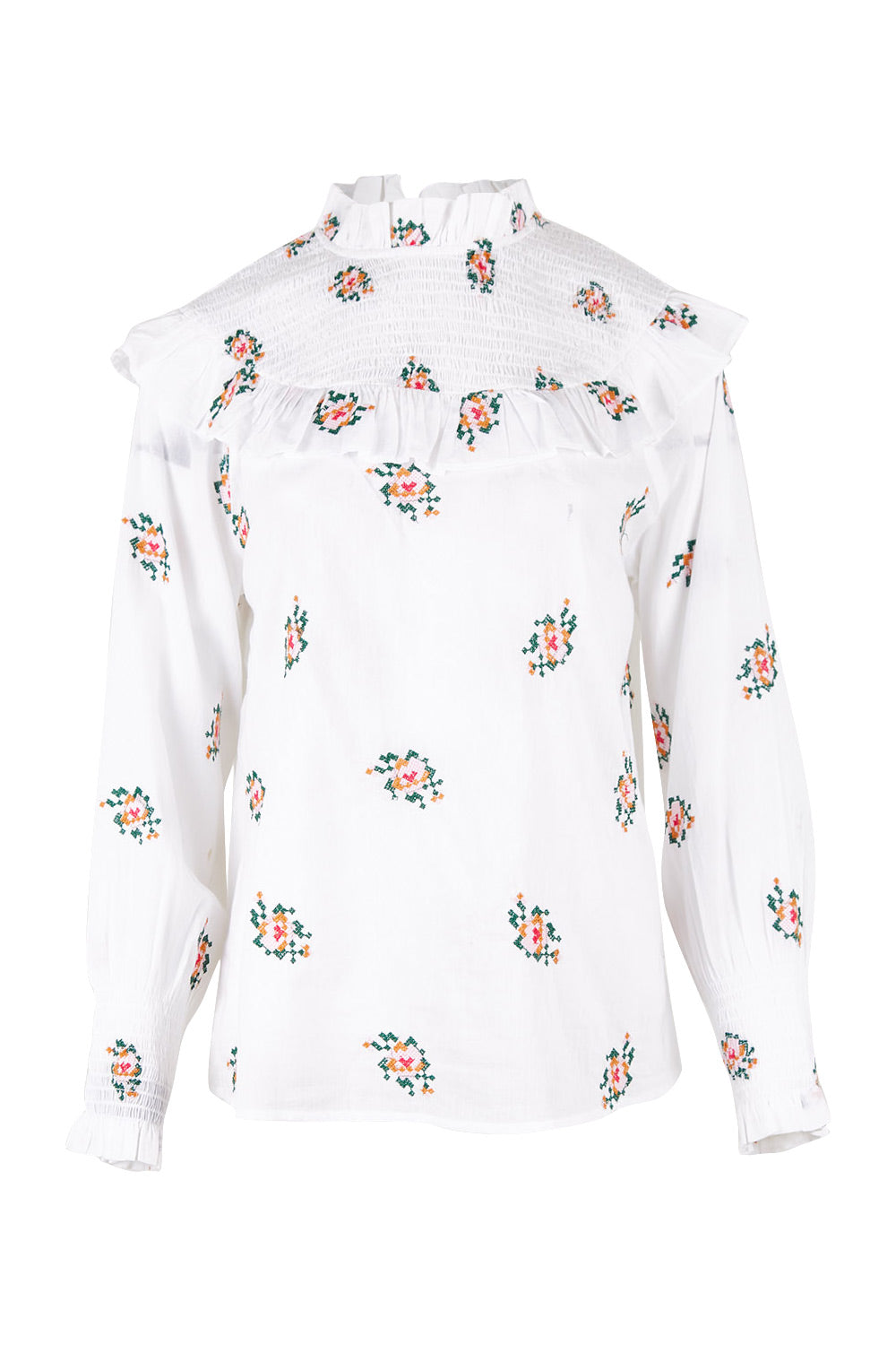 Product shot of the Ruffle My Feathers Blouse in colour Chalk (White), from the front