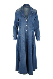 Product shot of the Meet Me At Midnight Denim Coat in colour Darkdenim (Blue), from the front