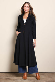 Model Madelinec wearing size 10 of the Meet Me At Midnight Longline Ponte Coat - Black in colour Black, from the front