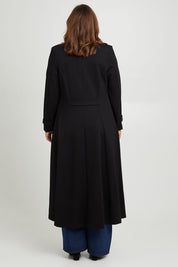 Model Monique wearing size 14 of the Meet Me At Midnight Longline Ponte Coat in colour Black (Black), from the back